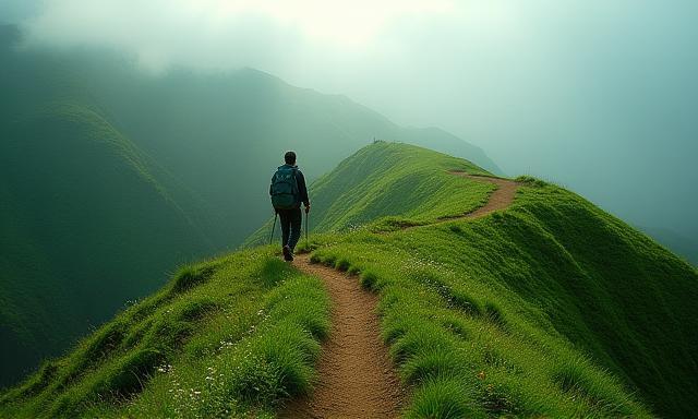 Wanderer auf grünem Bergpfad